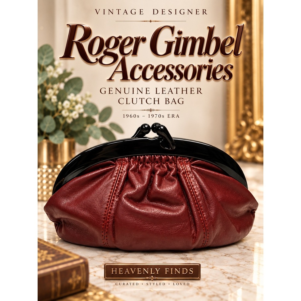 Roger Gimbel Vintage Leather Clutch Bag Burgundy Kiss Lock 1960s 70s Excellent